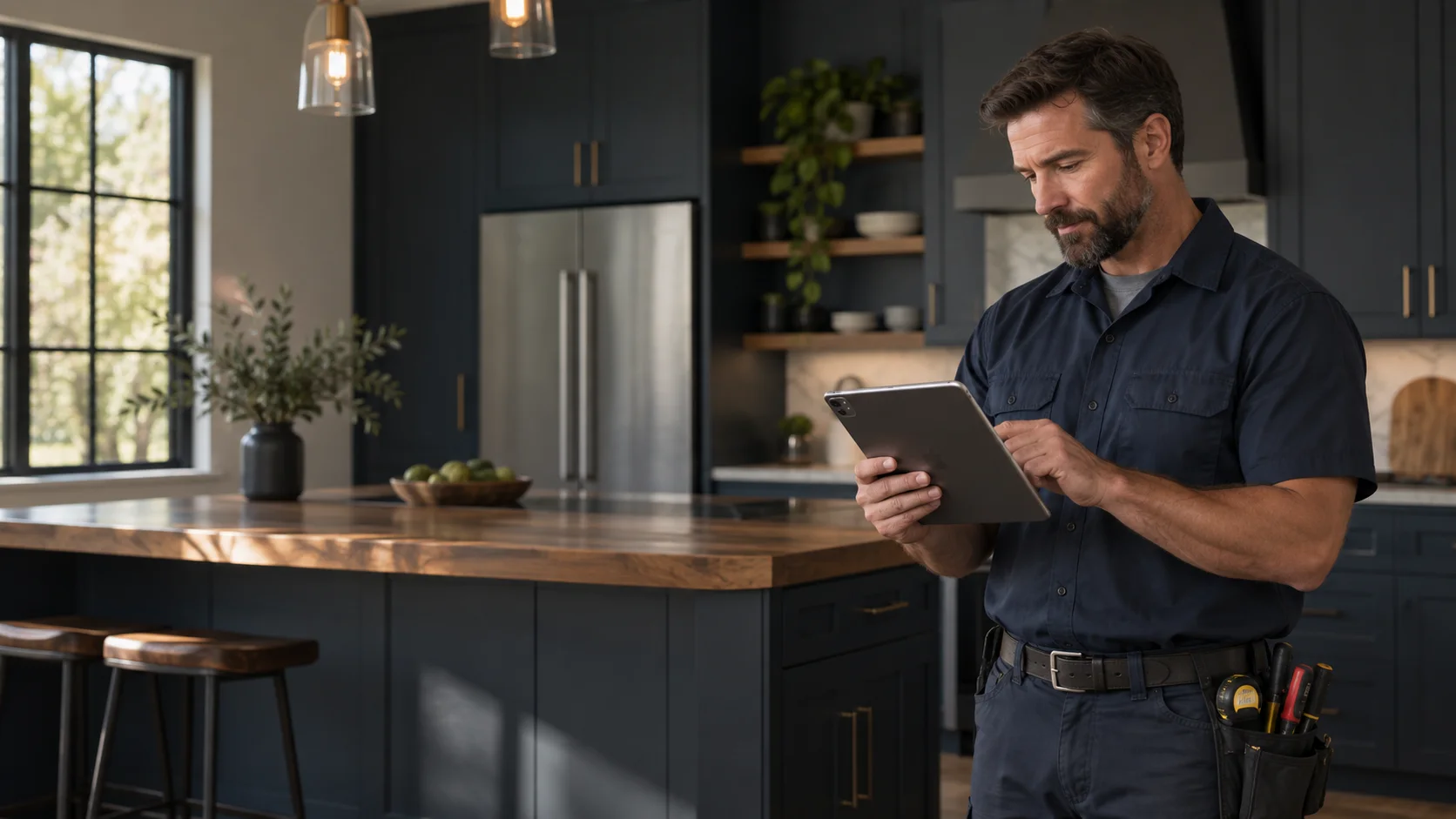 A home-service provider using an iPad to review job details in a customer’s kitchen